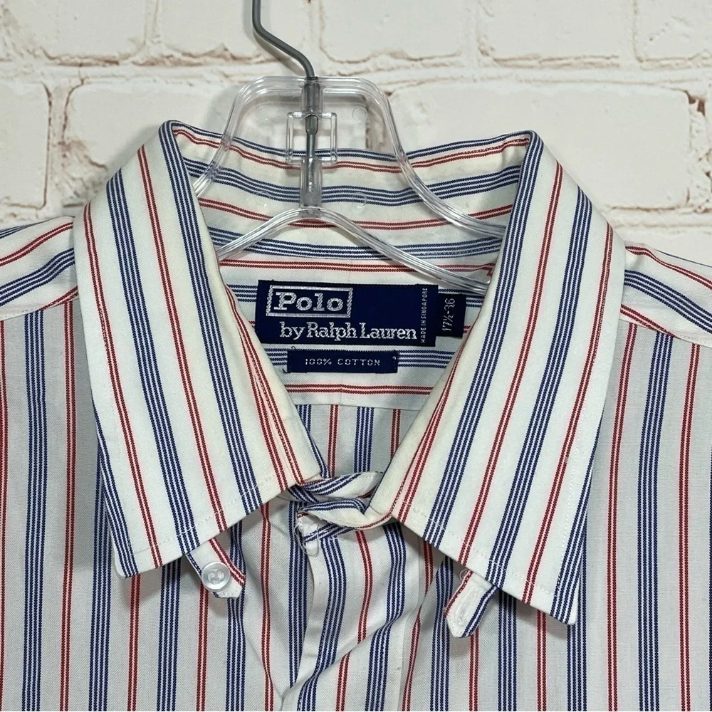Vintage Polo Ralph Lauren Shirt Mens 17.5-36 Red Blue Striped 100% Cotton Button